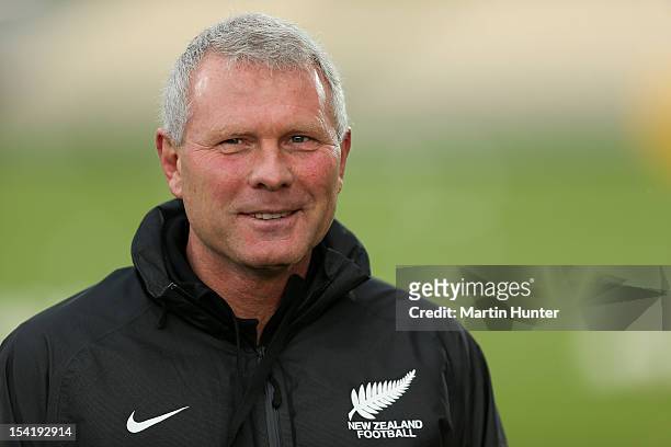 All Whites coach Ricki Herbert walks on the field prior to the 2014 FIFA World Cup Qualifier match between the New Zealand All Whites and Tahiti at...