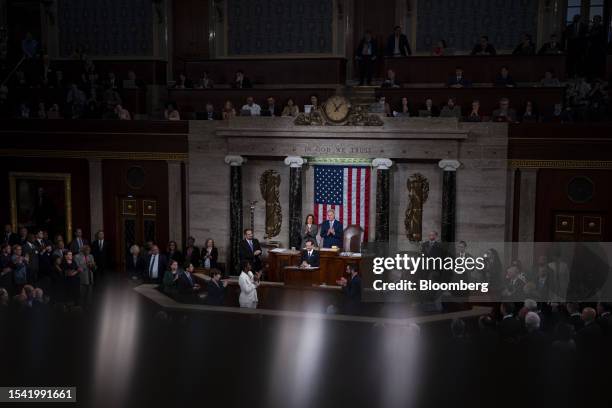 Isaac Herzog, Israel's president, center, speaks during a joint meeting of Congress at the US Capitol in Washington, DC, US, on Wednesday, July 19,...