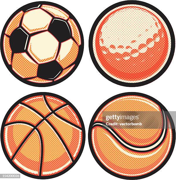 halftone sports balls: soccer, golf, basketball, tennis - tennis ball stock illustrations