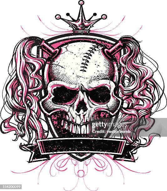 skull princess with pigtails crest design - skull crown vector stock illustrations