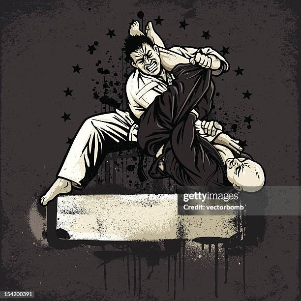brazilian jiu jitsu fighters: armbar from guard - grunge version - jujitsu stock illustrations