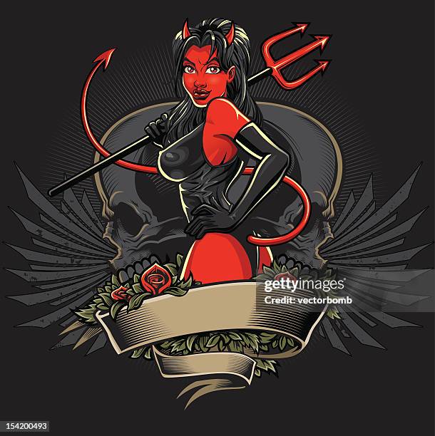 devil girl pin-up: skull banner version - goth stock illustrations