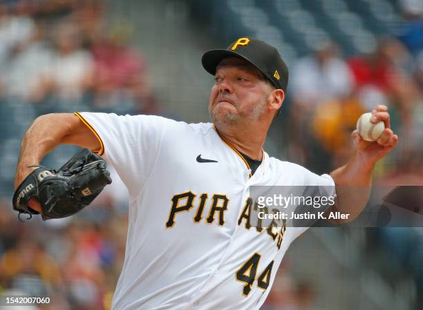 Rich Hill of the Pittsburgh Pirates pitches in the first inning against the Cleveland Guardians during inter-league play at PNC Park on July 19, 2023...