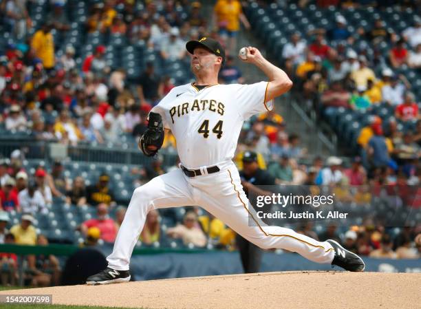 Rich Hill of the Pittsburgh Pirates pitches in the first inning against the Cleveland Guardians during inter-league play at PNC Park on July 19, 2023...