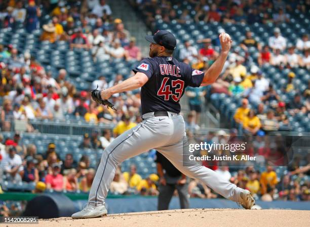 Aaron Civale of the Cleveland Guardians pitches in the first inning against the Pittsburgh Pirates during inter-league play at PNC Park on July 19,...