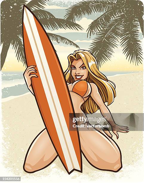 retro surfer girl: beach scene (bikini version) - surfboard texture stock illustrations