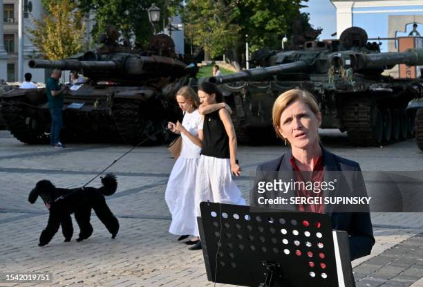 Agency for International Development Administrator Samantha Power speaks during her press conference at open-air museum of destroyed Russian military...