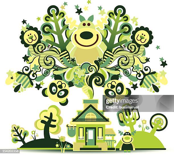 haus und das grün track mit muster - gebäudefront stock-grafiken, -clipart, -cartoons und -symbole