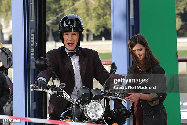 Matt Smith and Jenna-Louise Coleman seen filming 'Dr Who' on London's Southbank on October 16, 2012 in London, England.