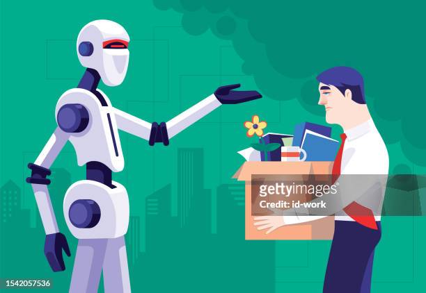 roboter entlässt geschäftsmann - arbeitslosigkeit stock-grafiken, -clipart, -cartoons und -symbole