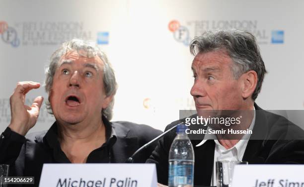 Actors Terry Jones and Michael Palin attend "A Liar's Autobiography" press conference during the 56th BFI London Film Festival at the Empire...
