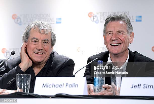 Actors Terry Jones and Michael Palin attend "A Liar's Autobiography" press conference during the 56th BFI London Film Festival at the Empire...