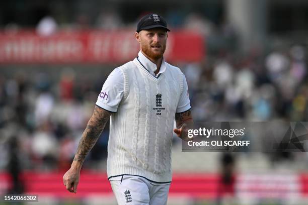 England's captain Ben Stokes leaves at the end of play on the opening day of the fourth Ashes cricket Test match between England and Australia at Old...