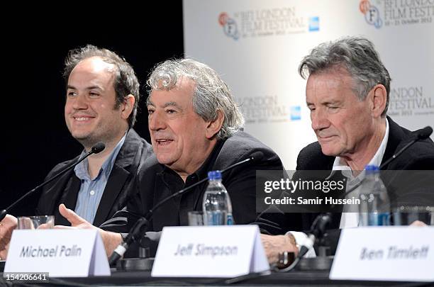 Director Bill Jones and actors Terry Jones and Michael Palin attend "A Liar's Autobiography" press conference during the 56th BFI London Film...