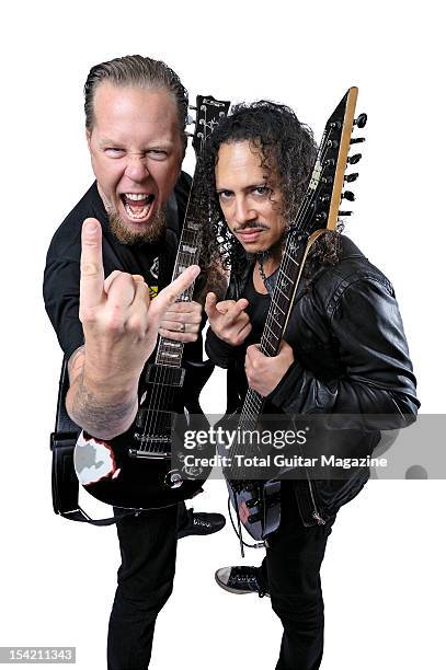 This image has been digitally manipulated) James Hetfield and Kirk Hammett of American heavy metal group Metallica, taken on August 24, 2008.