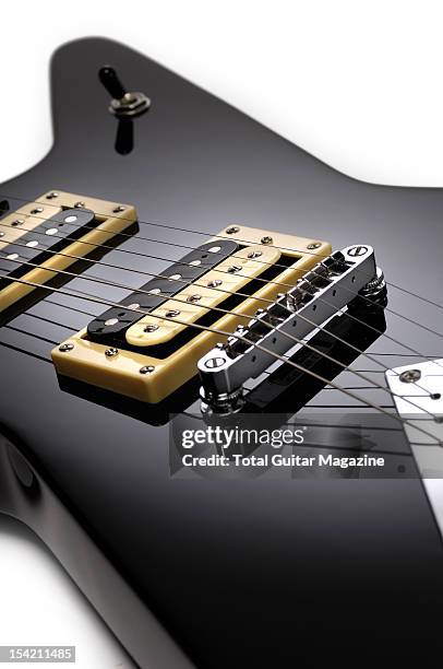 Detail of the zebra humbuckers on a Dean DBD Tribute ML electric guitar, taken on February 21, 2008.