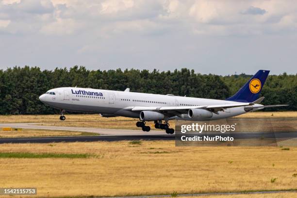 Lufthansa Airbus A340 passenger aircraft as seen landing at Eindhoven Airport EIN during a rare charter flight, arriving from Athens, Greece. The...