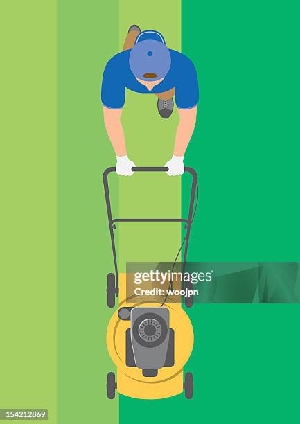 ilustraciones, imágenes clip art, dibujos animados e iconos de stock de vista de arriba de hombre segar lawn - cortacésped manual