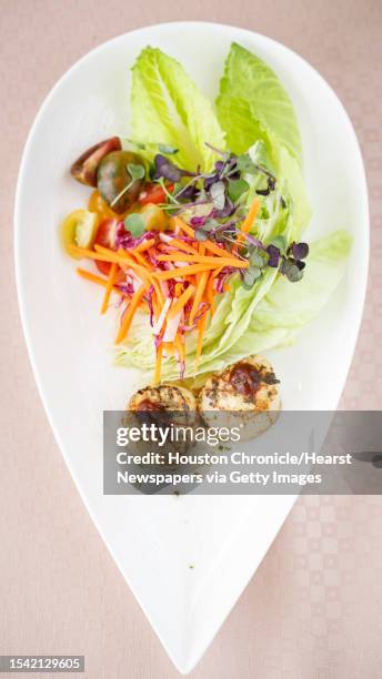 Leaves of Iceberg and Romaine - pickled carrot, radish, heirloom tomatoes, micro greens, southwest spiced seared scallops and lemon Dijon...