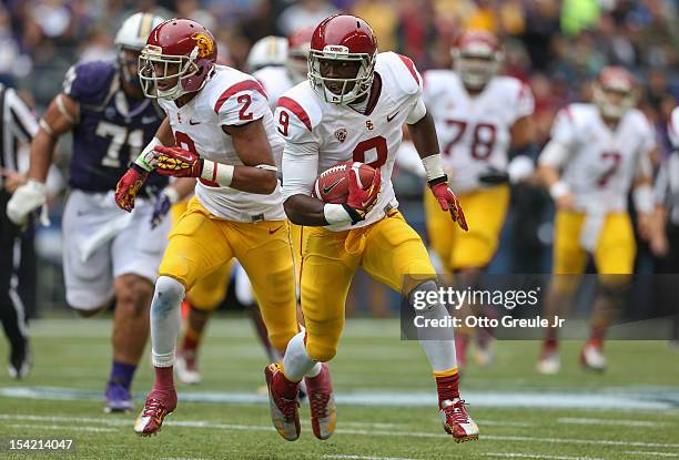 Wide receiver Marqise Lee of the USC Trojans rushes against the Washington Huskies on October 13, 2012 at CenturyLink Field in Seattle, Washington.