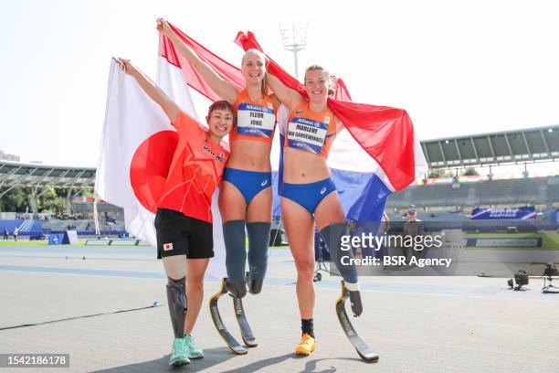 Maya Nakanishi of Japan, Marlene van Gansewinkel of the Netherlands and Fleur Jong of the Netherlands celebrates after competes in Women's Long Jump...