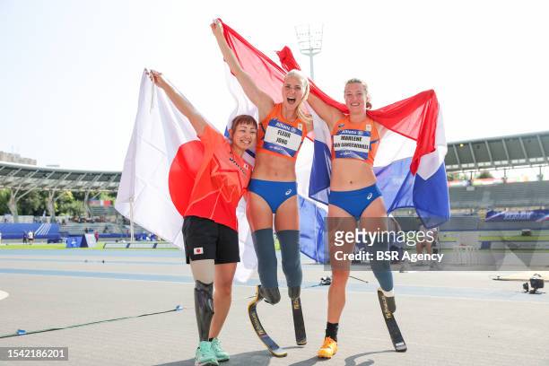 Maya Nakanishi of Japan, Marlene van Gansewinkel of the Netherlands and Fleur Jong of the Netherlands celebrates after competes in Women's Long Jump...
