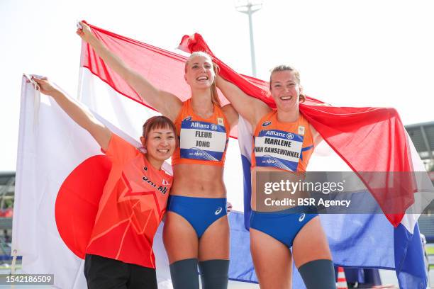 Maya Nakanishi of Japan, Marlene van Gansewinkel of the Netherlands and Fleur Jong of the Netherlands celebrates after competes in Women's Long Jump...