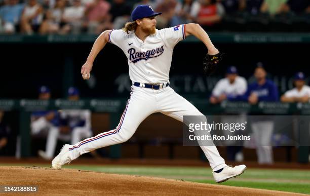 Jon Gray of the Texas Rangers pitches against the Tampa Bay Rays during the first inning at Globe Life Field on July 19, 2023 in Arlington, Texas.