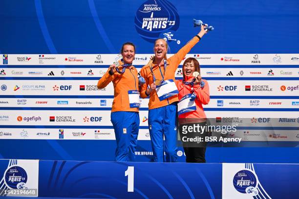 Marlene van Gansewinkel of the Netherlands, Fleur Jong of the Netherlands and Maya Nakanishi of Japan during the medal ceremony after competing in...