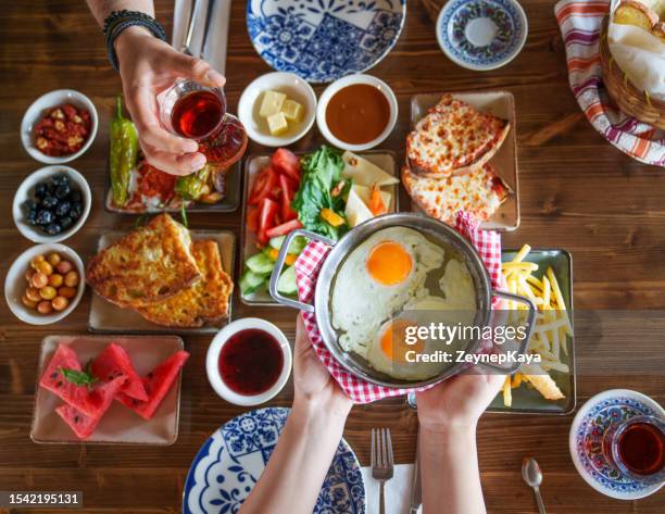 flat lay spread turkish breakfast - turkish people cafe stock pictures, royalty-free photos & images