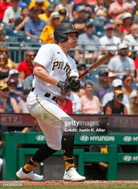 Jack Suwinski of the Pittsburgh Pirates hits a RBI double in the fifth inning against the Cleveland Guardians during inter-league play at PNC Park on...