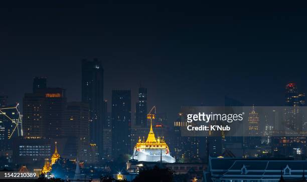 area view of golden buddha stupa temple in center of bangkok city, thailand with modern business office on high building or skyscrapper skyline in downtown of bangkok city thailand east of asian - k'nub stock pictures, royalty-free photos & images