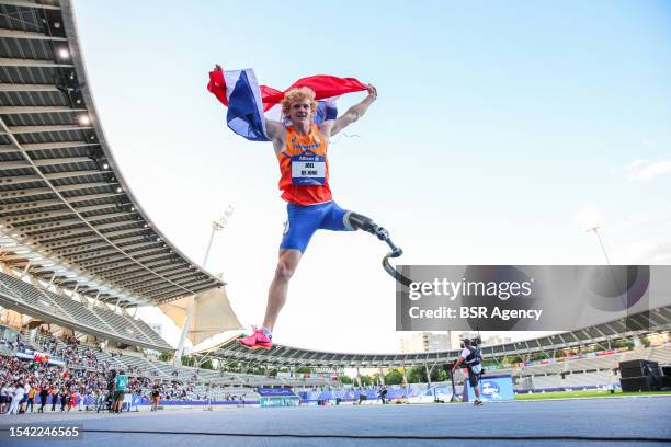 Joel de Jong of the Netherlands after competing in Men's 100m T63 Final on Day 10 of the Paris 2023 Para Athletics World Championships at the Stade...