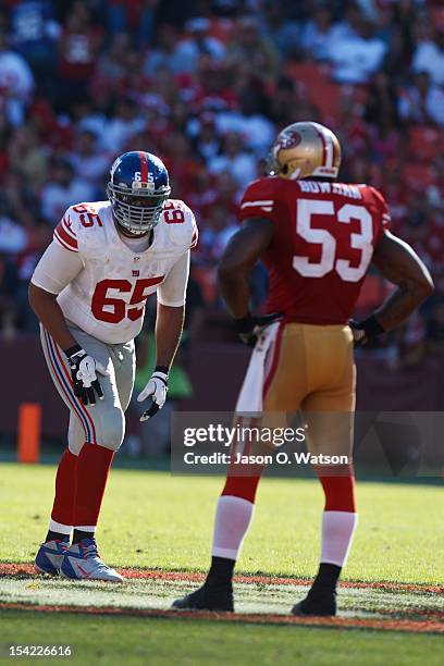 Tackle Will Beatty of the New York Giants lines up opposite of inside linebacker NaVorro Bowman of the San Francisco 49ers before a play during the...