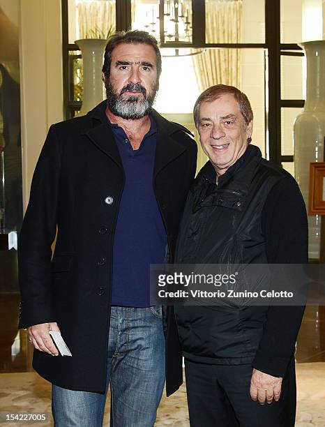 Eric Cantona poses with Antonio Caliendo as he arrives at Monte-Carlo Bay prior to the Golden Foot Award 2012 ceremony, on October 16, 2012 in...
