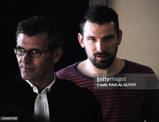 French handball player of Montpellier Primoz Prost, suspected of match-fixing and illegal betting, arrives for a hearing during their appeal trial at...