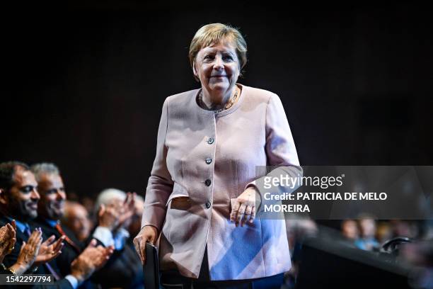 Former German Chancellor and president of the jury Angela Merkel is seen during the Gulbenkian Prize for Humanity 2023 ceremony at Gulbenkian...