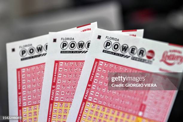 Powerball lottery tickets pictured inside a store in Homestead, Florida on July 19, 2023. The Powerball jackpot has reached 1 billion USD for the...