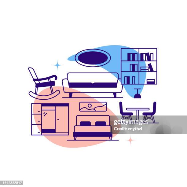 furniture related line banner design. sofa, dining table, wardrobe, bookshelf - fancy dinner table stock illustrations