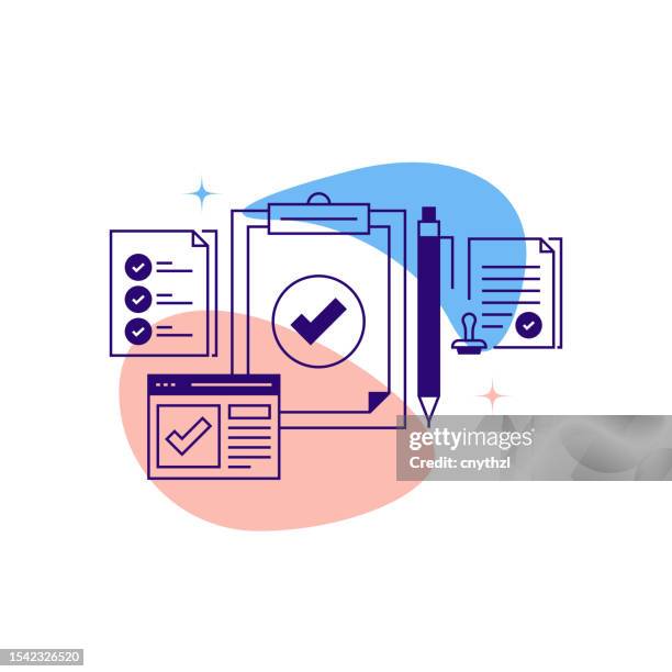 illustrazioni stock, clip art, cartoni animati e icone di tendenza di segno di spunta e approvato concetto di design di banner vettoriale correlato, stile di linea moderno con icone - conformità