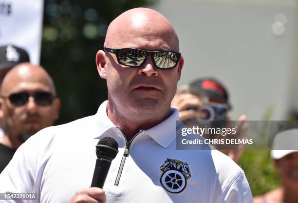 General President of the International Brotherhood of Teamsters Sean O'Brien speaks as the Teamsters Union members join members of the Writers Guild...