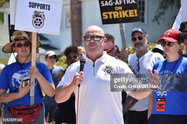 General President of the International Brotherhood of Teamsters Sean O'Brien speaks as the Teamsters Union members join members of the Writers Guild...