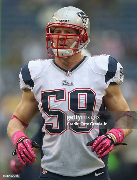 Linebacker Bobby Carpenter of the New England Patriots looks on prior to the game against the Seattle Seahawks at CenturyLink Field on October 14,...