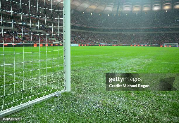 General view of the pitch during the rain before the FIFA 2014 World Cup Qualifier between Poland and England at the National Stadium on October 16,...