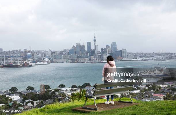 General view as visitors take in the Auckland City skyline ahead of the FIFA World Cup Australia & New Zealand 2023 at Mount Victoria, on July 14,...