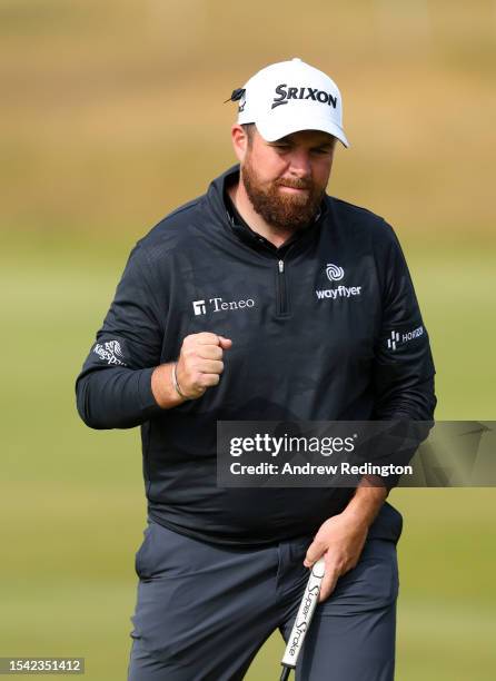 Shane Lowry of Ireland celebrates a putt on the 15th green during Day Two of the Genesis Scottish Open at The Renaissance Club on July 14, 2023 in...
