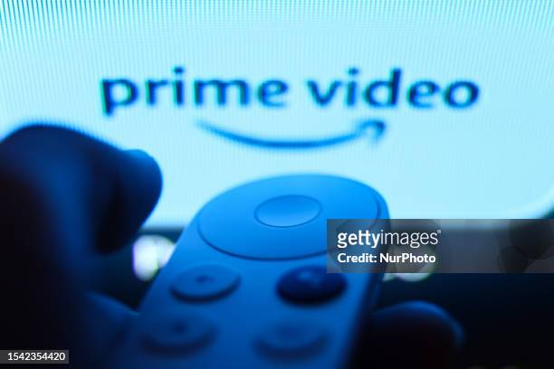 Prime Video logo on Chromecast menu displayed on a TV screen and Chromecast remote control are seen in this illustration photo taken in Krakow,...