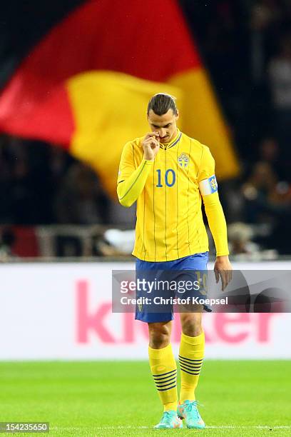 Zlatan Ibrahimovic of Sweden reacts after the second goal of Germany during the FIFA 2014 World Cup qualifier group C match between German and Sweden...