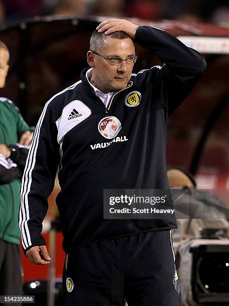 Scotland manager Craig Levein looks dejected after their defeat in the FIFA 2012 World Cup Qualifier match between Belgium and Scotland on October...