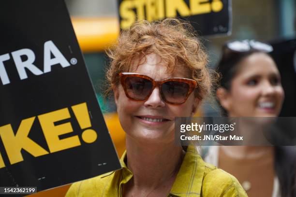 Susan Sarandon walks the picket line in support of the SAG-AFTRA and WGA strike on July 19, 2023 in New York City.